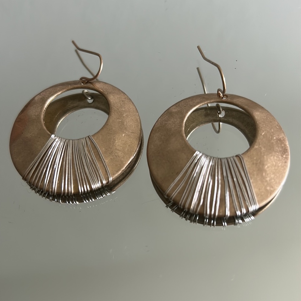 Golden Hammered Silver Wire Wrapped Hang Earrings